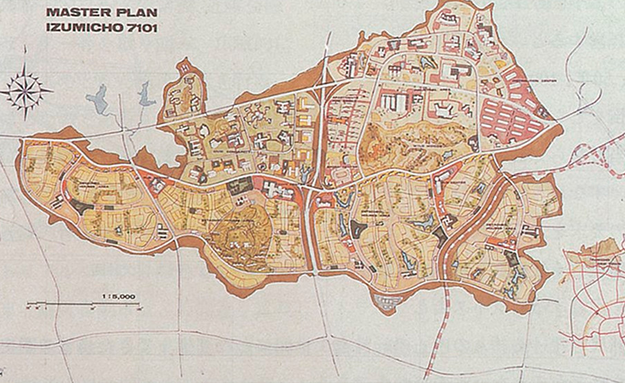 1971年当時につくられたマスタープラン。現在と異なる部分もあるが、地区の分け方はほぼ同じ。