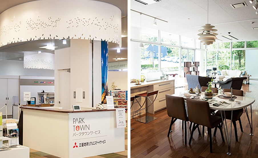 スタイリッシュな家具や水廻り機器が置かれたショールーム。左／接客窓口となる受付カウンター。